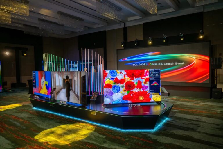 TCL SQD Mini LED TV models C7L, C8L, and X11L displayed showcasing 2026 UAE launch