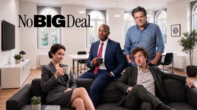 Cast of the British sitcom No Big Deal in the offices of fictional investment firm Janus